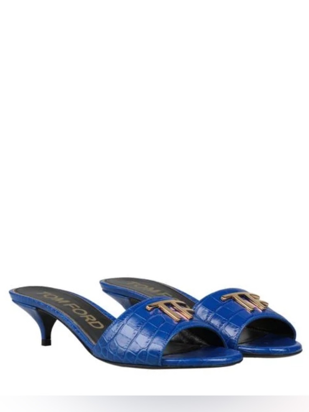 Tom Ford Blue Croc-Embossed Kitten Heel Slides